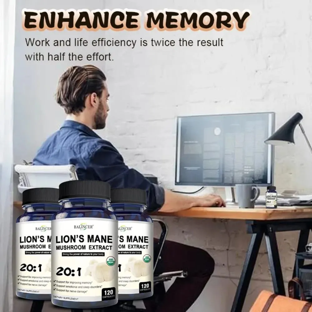 Lion's Mane Mushroom Capsules - Strengthens The Brain Memory and Cognition Improves Mood and Sleep Quality Supplements