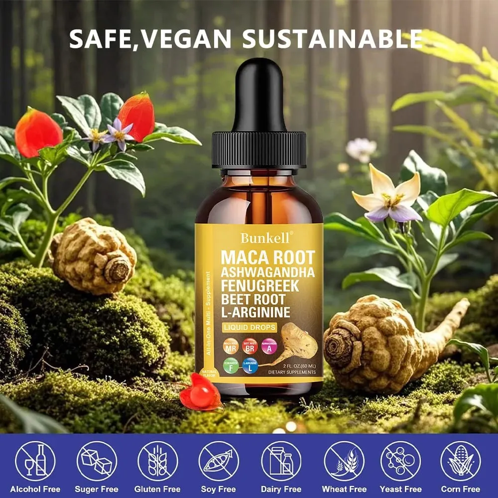 Gotas líquidas de raíz de maca orgánica con raíz de remolacha de alholva Ashwagandha y multivitamina líquida de L-arginina para mujeres y hombres