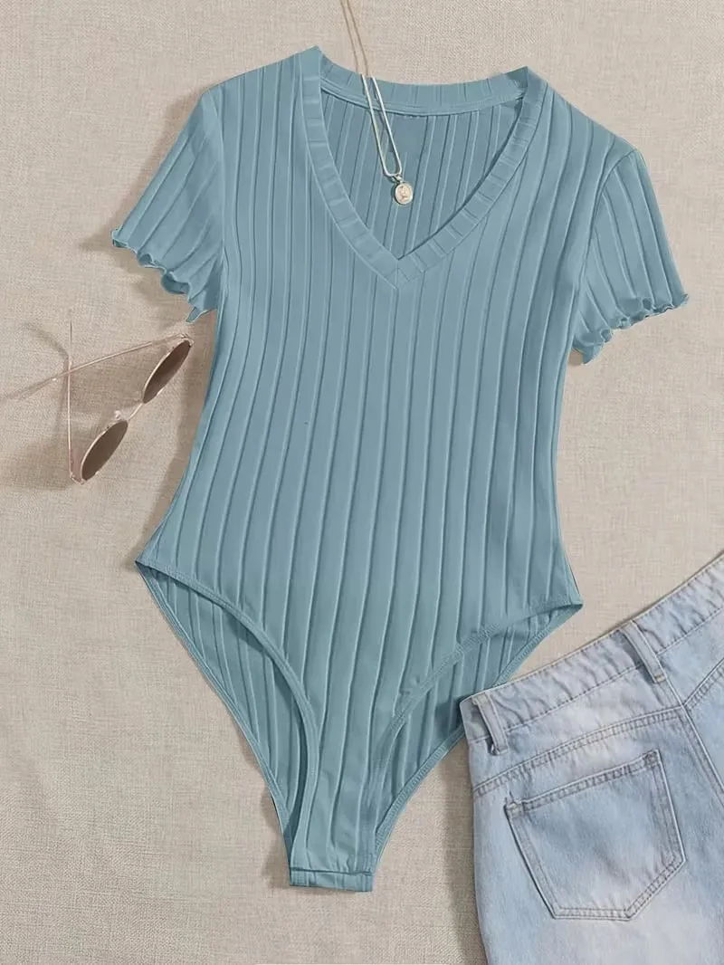 Lettuce Trim Ribbed Bodysuit Women's Sleeveless High Waist Bottom Control Shapewear for Slimming Effect