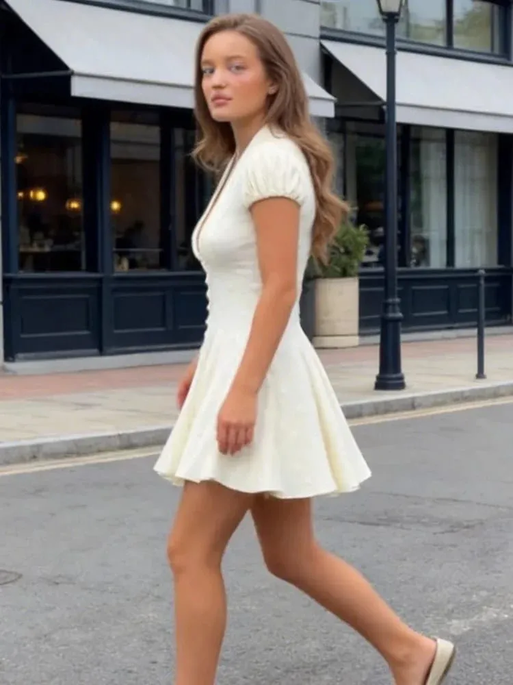 Solid Polka Dot Women's Mini Dress Deep V Neck Puff Sleeve Pleated Front Button A-line Short Dresses Elegant Party Lady Gown