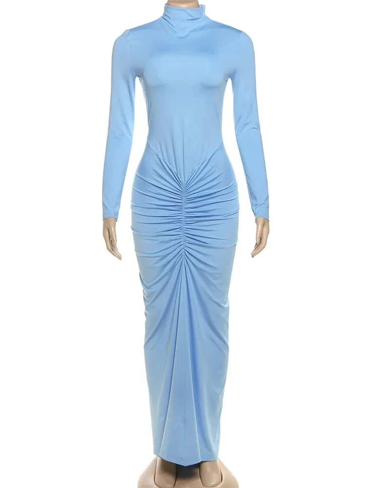 Sisterlinda Autumn New Style Long Dress Woman Turtleneck Full Sleeve Skinny High Stretch Daily Casual Fashion Elegant Vestidos