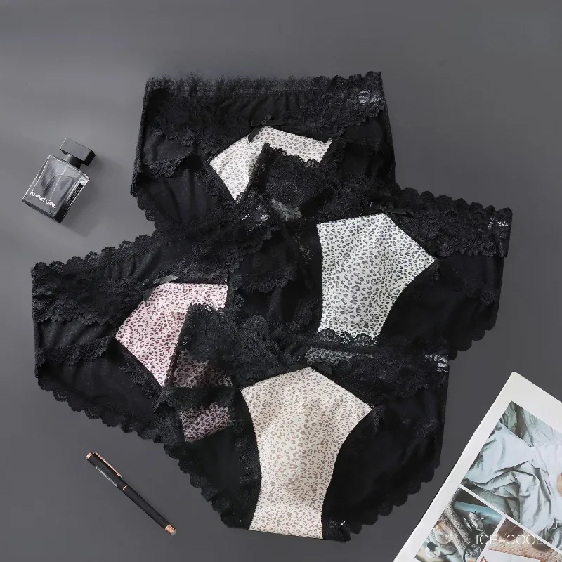 Men Briefs High Fork Lace Edge Leopard Printed Underwear Ice Silk Quick-Drying Panties Sissy Lingerie See Through Underpants