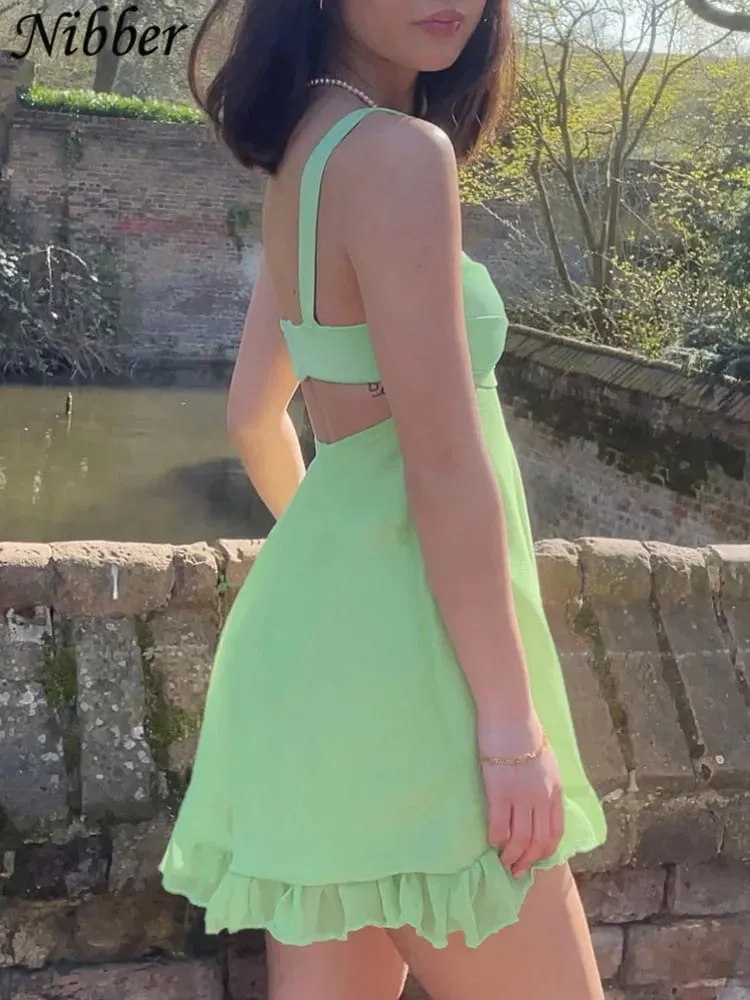 Nibber Gaun Selempang Ramping Potongan Warna Solid Para Mujer Vestidos Elegantes Gaun Ruffle Punggung Terbuka Seksi Perempuan 2023