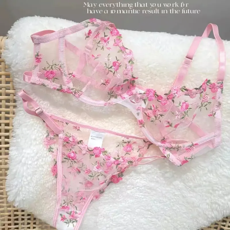 French Floral Bra Set Women | Sweet Sexy Sheer Mesh Lace Transparent Underwear Set | Practical & Feminine MOYISU Sexy Panty Set
