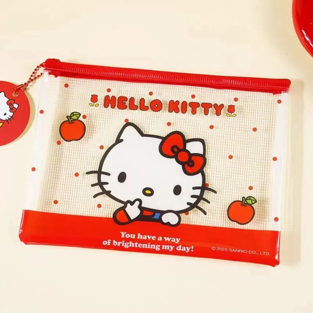 정품 Sanrio 헬로 키티 A5 메쉬 지퍼 주머니 귀여운 Kt 고양이 방수 PVC 문서 가방 학교 파일 펜 편지지 정리