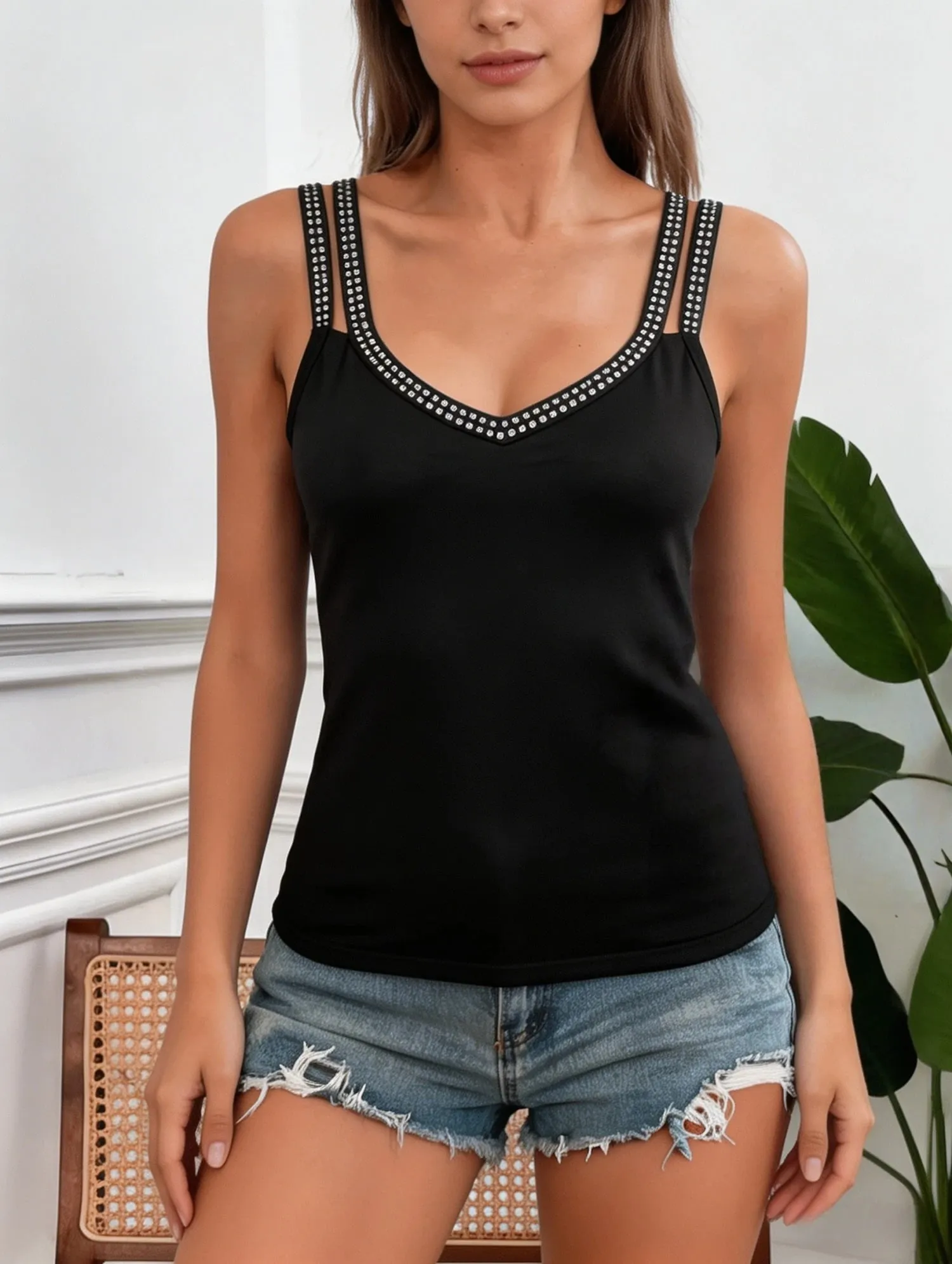 Women Cami Top Black Rhinestone V Neck Double Strap Sleeveless Top Fitted Sexy Tank Tops Spring Summer Party Night Club Outfit
