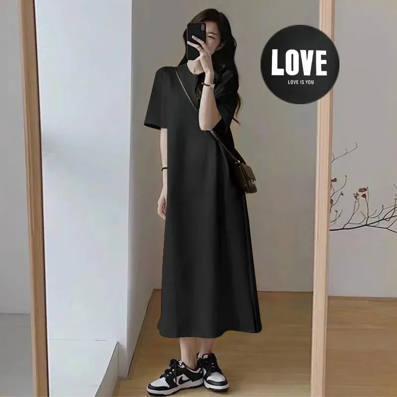 Women Plus Size LOVE Print Casual Maxi Dress Side Split Short Sleeve O-neck Loose T-shirt Dress