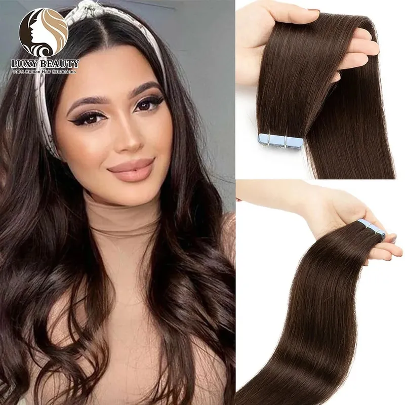 Fita balayage longa e reta em extensões de cabelo, cabelo humano real, sem costura, trama de pele, fita pu, cabelo natural, preto, marrom, loiro, 20 peças