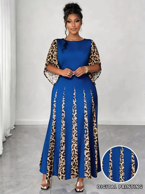 Elegant Leopard Print Maxi Dress Plus Size Fashionable Long Sleeve Gown Comfortable & Stylish Women's Clothing