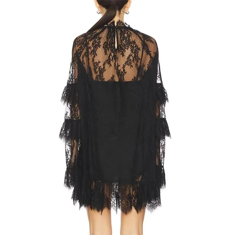 Women's See Through Lace Dress Long Sleeve Crew Neck Casual Loose Sheer Dress Vacation Beach Cocktail Mini Dresses