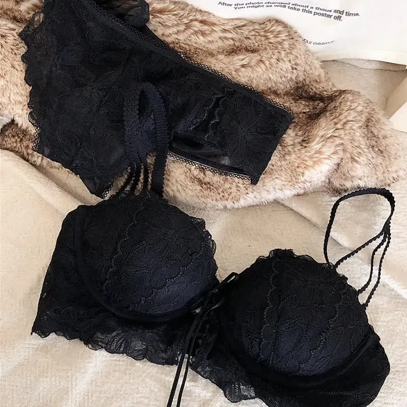 Sexy 1/2 Cup Push Up Bra Set Women Lace Flowers Embroidery Underwear Wire Free Thickened Cup Romantic Detachable Strap Lingerie