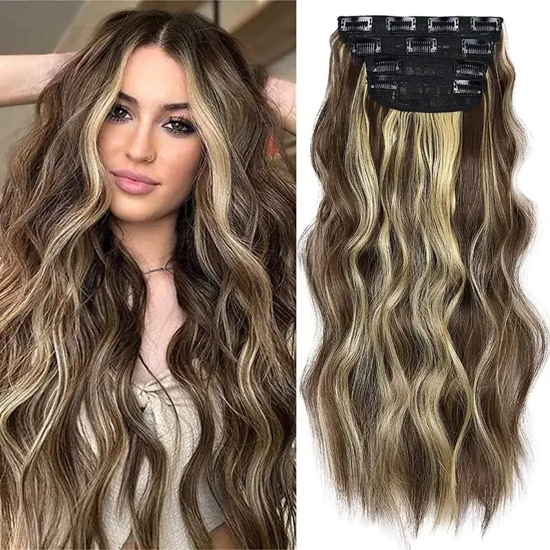 Clipe sintético longo ondulado feminino de alta temperatura, extensão de cabelo sintético, 4 peças, clipe longo, macio, ondas glam, grosso