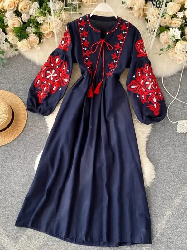 Γυναικεία φθινοπωρινά φορέματα Bohemian κεντημένα λουλούδια με λαιμόκοψη φανάρι μανίκι ψηλόμεσο πλισέ Φόρεμα All-match Γυναικείο Vestidos PL393