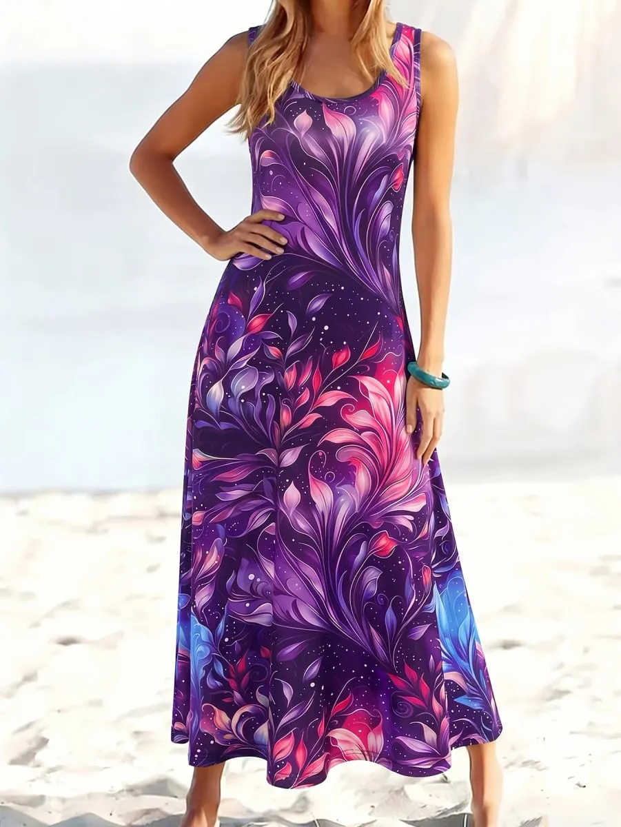 Dresses for Woman Vest Dress Beach Holiday Round Neck Sleeveless A-Line Long Skirt Starry Iridescent Floral Gradient Print 2026