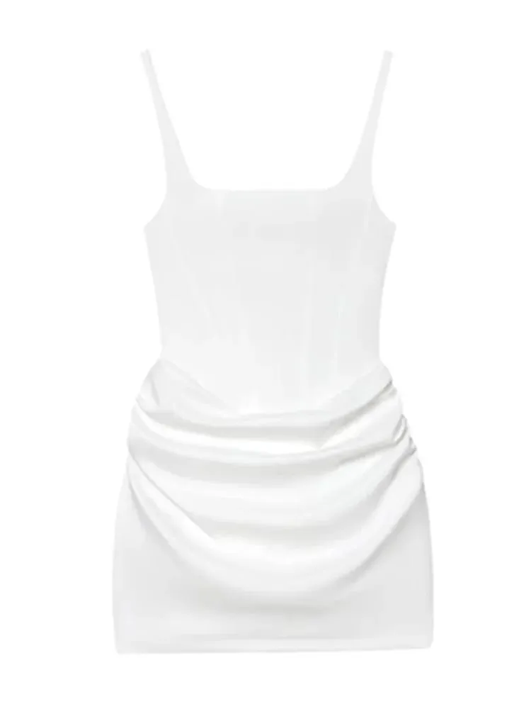 HH Women Sexy Pleated Mini Dress Square Neck Sleeveless Straps Dresses Summer Woman Vinatge Party Vacation Beach Dress Vestidos