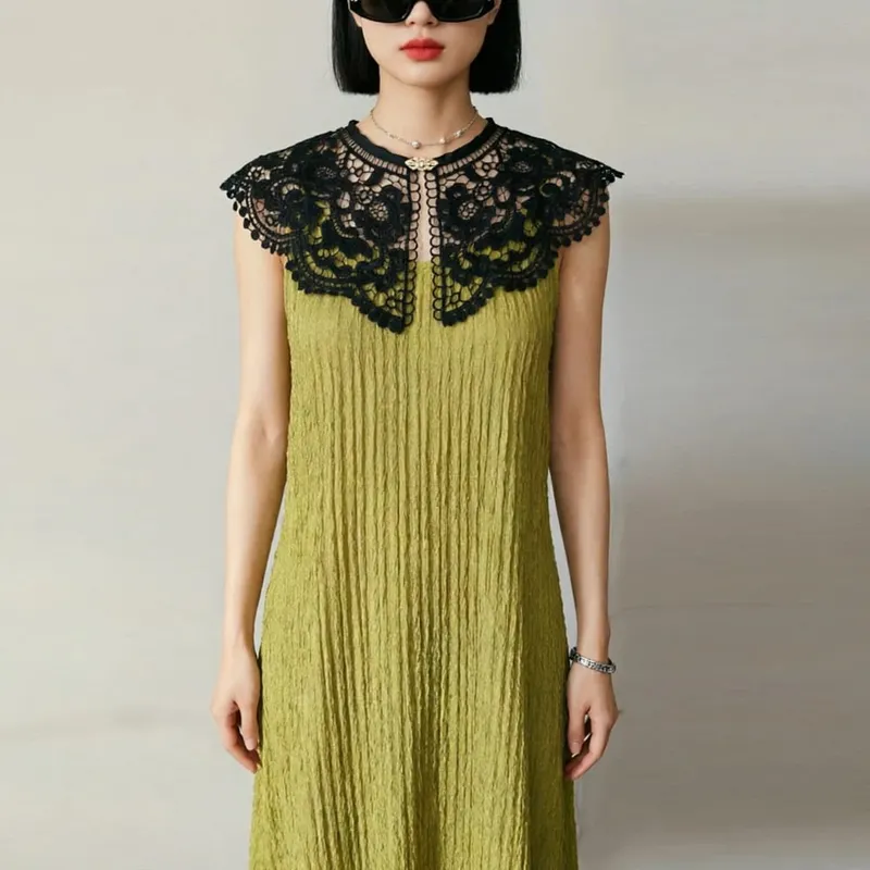 Pleated Sleeveless Elastic Long Dresses Women Vintage Palace Style Womens Black White Doll Fake Collar Soft Midi Dress Clothing