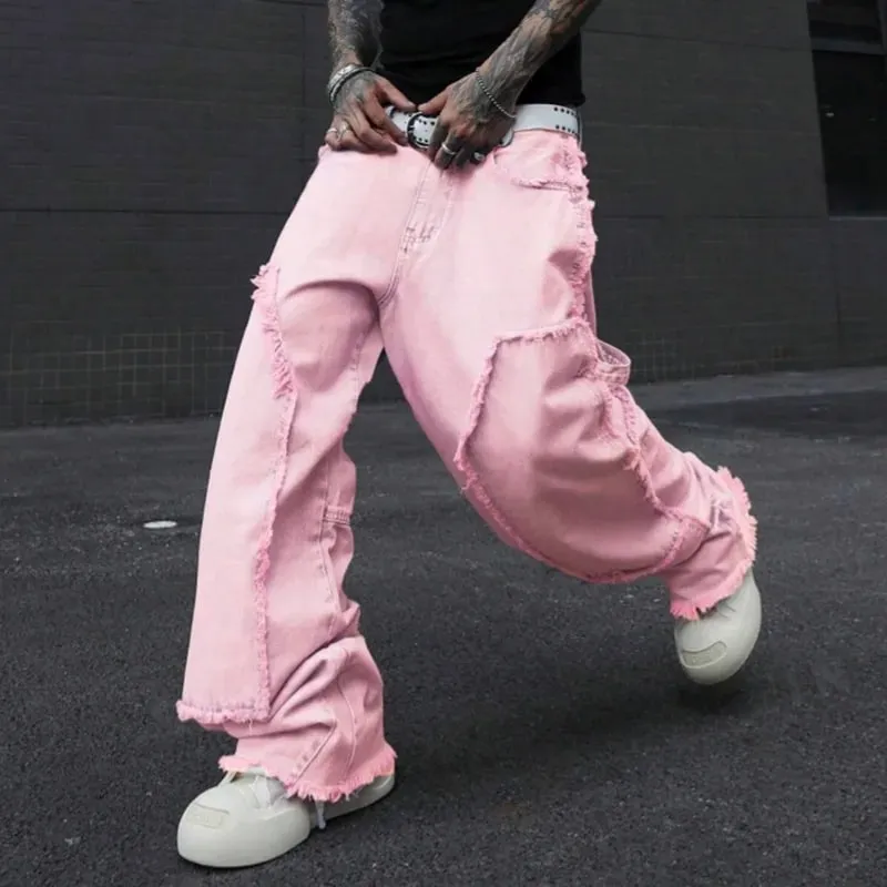 Pink Frayed Wide-Leg All-Season Cargo Denim Jeans
