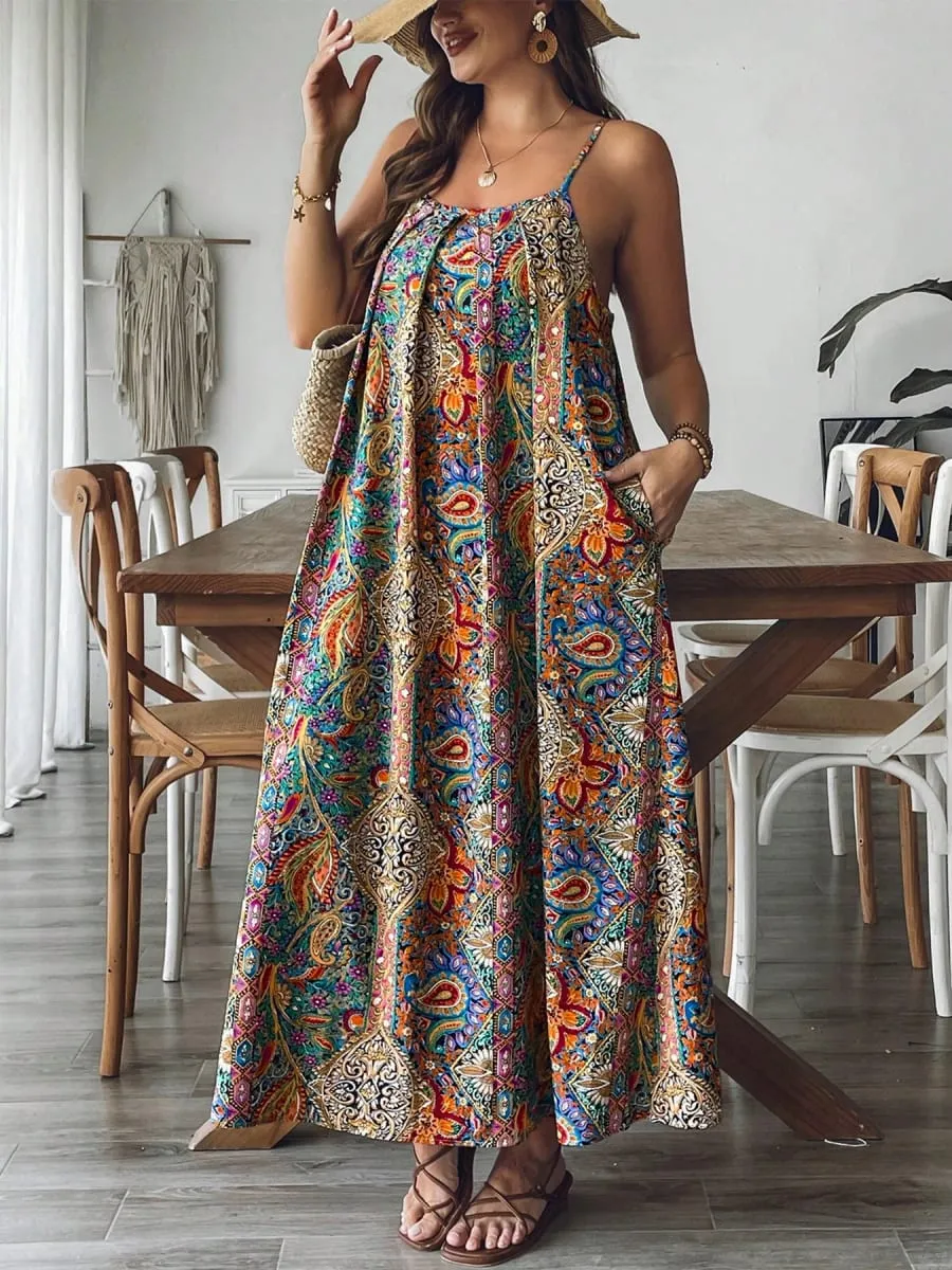 2026 Summer Women Bohemian Paisley Print Spaghetti Strap Maxi Dress Loose Flowy Pocket Long Dress Vintage Ethnic Beach Vacation