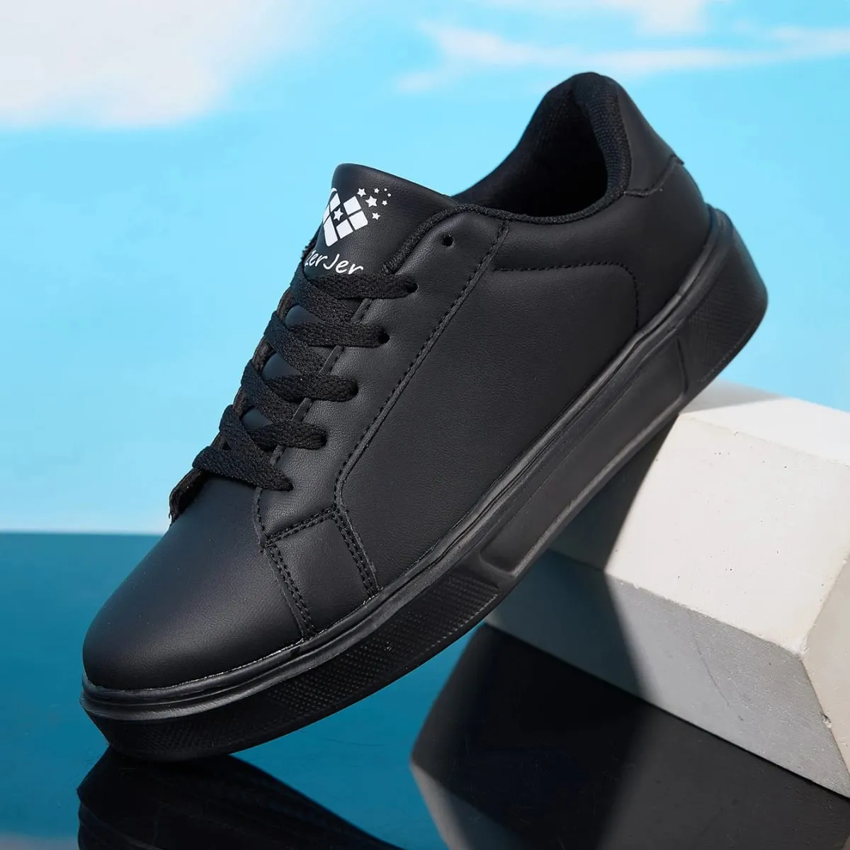 Men's White/Black Casual Leather Sneakers Low Top Lace-Up Skate Shoes Comfortable Walking Footwear