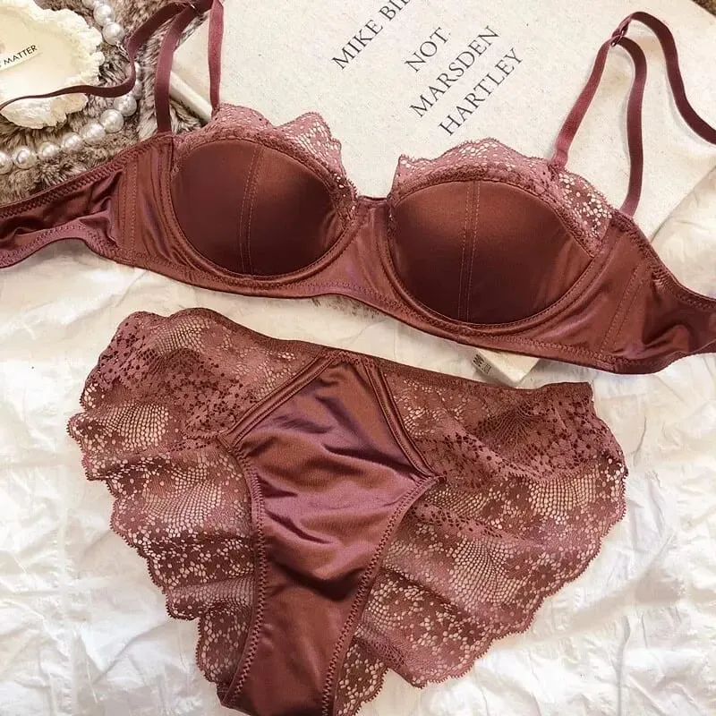 Conjunto de sutiã push up de renda francesa, sexy, copo demi, respirável, fio fino, sutiã anti queda, controle de gordura lateral, reunido para busto pequeno, imperdível