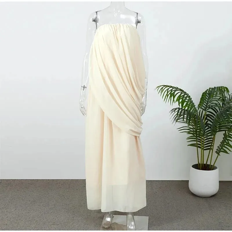 Elegant Pleated Strapless Maxi Dress Women Fashion Backless Slim Apricot Dresses Summer Casual High Street Female Vestidos