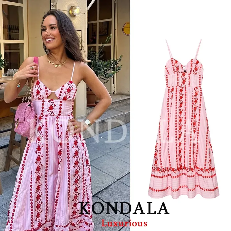 Vintage Boho Embroidery Pink Cami Dress Women Backless Lace Up Holiday Beach Dress Fashion 2026 Summer Elegant Dress