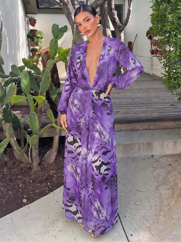 Nibber Lantern Sleeve Tiger Stripe Print Long Dress Woman Autumn Trend Deep V-Neck Sexy Backless Beach Party Elegant Vestidos