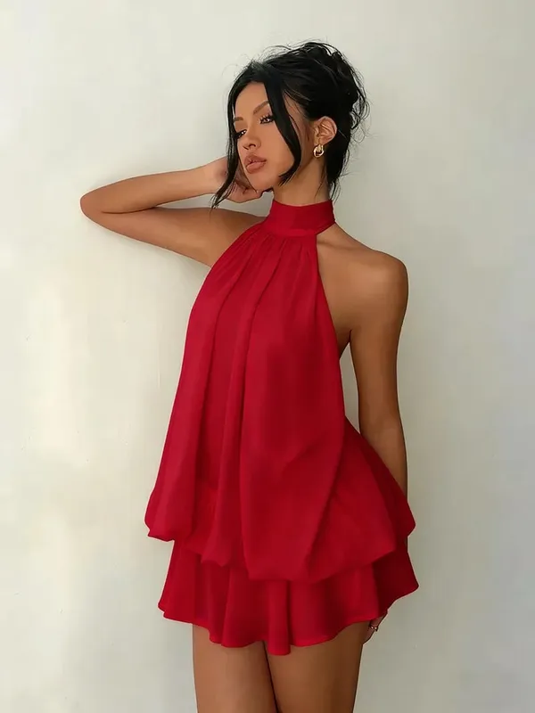 Women's Halter Neck Dress Backless Tie-Front Chiffon Sheer Mini Skirt Fashionable Sexy Y2K Vintage Cute Party Birthday Dress