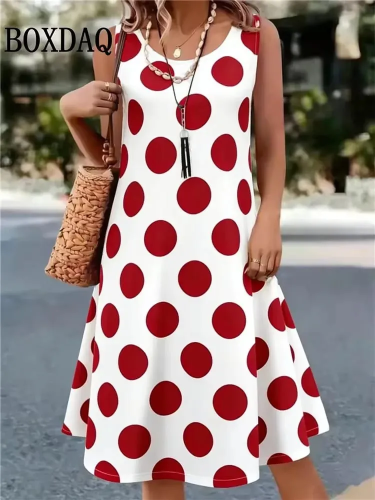 Summer Hot Sale Polka Dot Sleeveless Dress Elegant Women's Fashion 3D Print Mini Dress Casual Round Neck Loose Women's Clothing