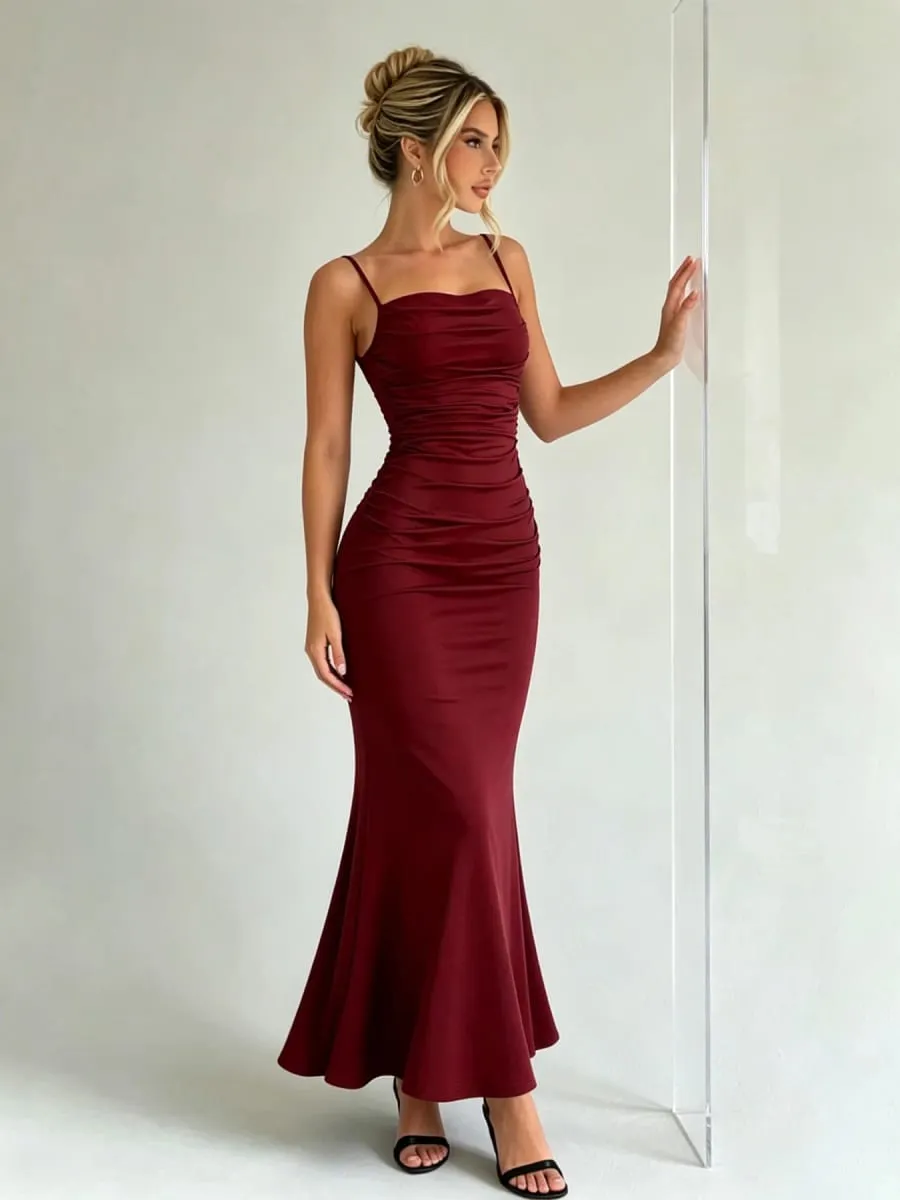 Women Spaghetti Strap Ruched Mermaid Maxi Dress Square Neck Bodycon Elegant Evening Party Long Dress