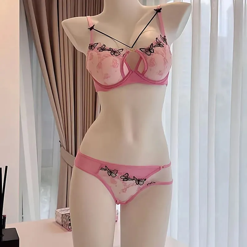 Spring/Summer Sexy Sweetheart Black Butterfly Embroidered Pink Bra With Steel Rim Thickened For Small Breasts Women Bra Set