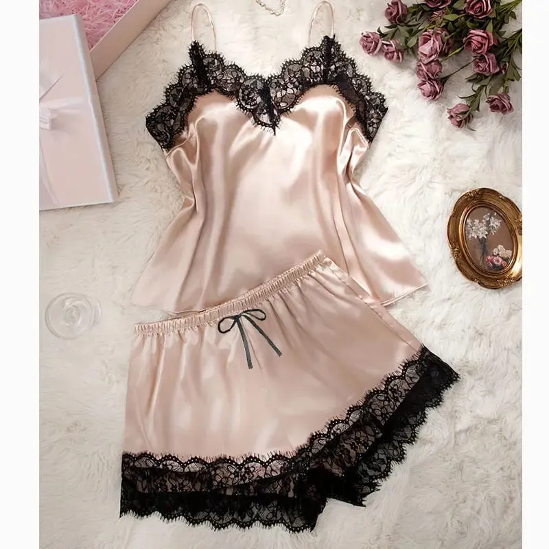 Solid Color Lace Trim Silk Lingerie Set Woman Pajamas Underwear Luxury Nightwear Sexy Bra V Neck Tank Short Summer Intimacy Sets