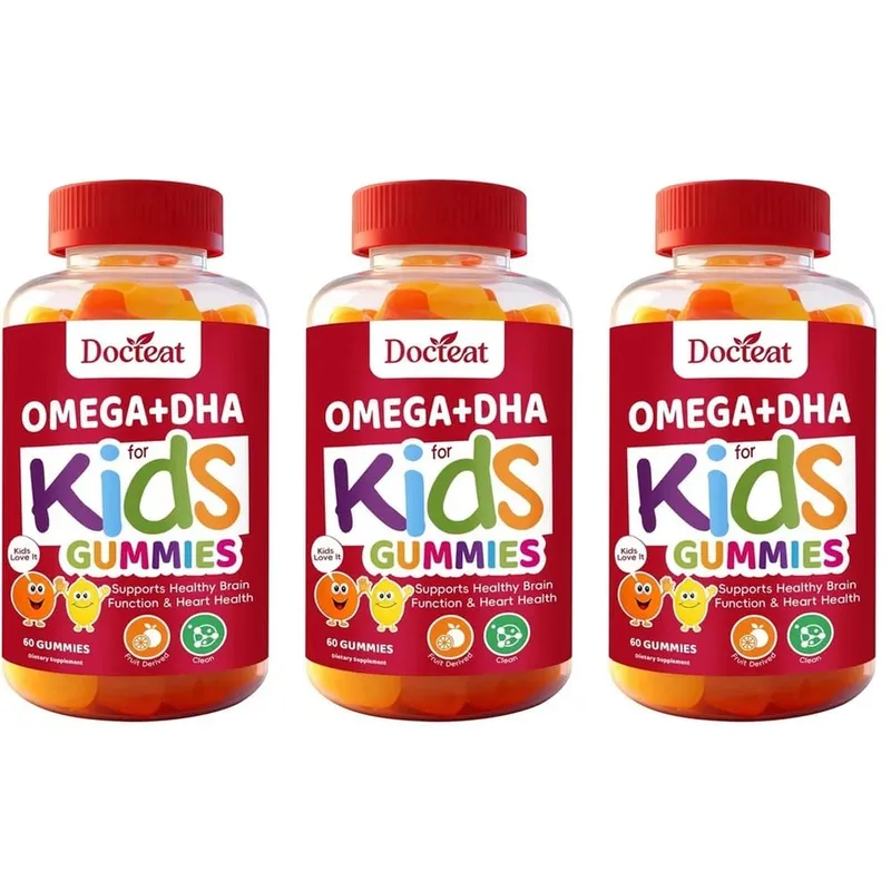Docteat Omega+DHA Kids Gummies with DHA From Algae Vitamin C and Chia Oil Omega-3 6 9 for Brain & Vision Support 60 Gummies