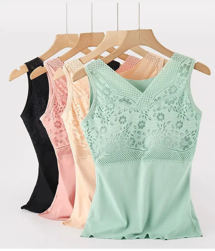 Women Winter Lace Padded Thermal Vests Soft Skin‑Friendly Undershirts Comfortable Sleeveless Inner Versatile Daily Tank Tops