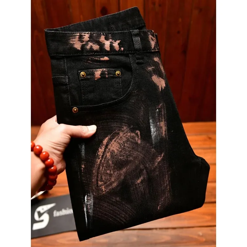 2025 Autumn Black Jeans Men's Inkjet Graffiti Printed Street Men's Clothing Nostalgic Trend High end Retro Denim Pants