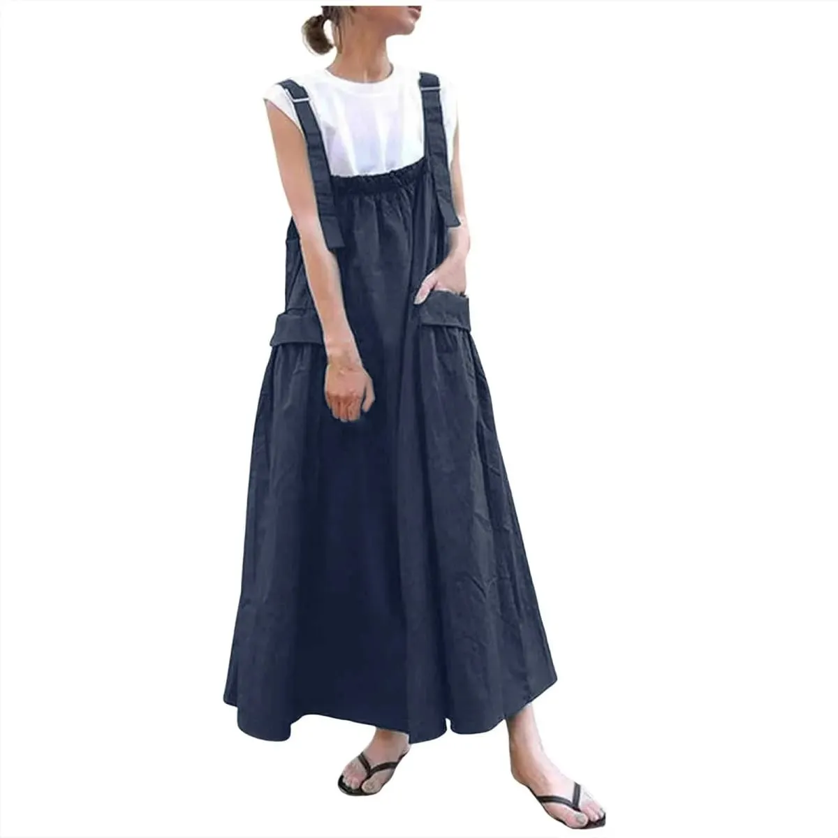 Damenmode-Hosenträgerkleid mit langen Trägern, großen Taschen und Overknee-Taschenträgern, Midi-Kleider für Frauen, Robe Femme