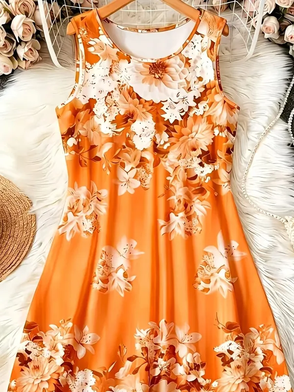 2026 Summer Women's Sleeveless Dresses Knee-Length Round-Neck Dresses Beachy Casual Dresses 3D-Printed Loose-Fitting Dresses