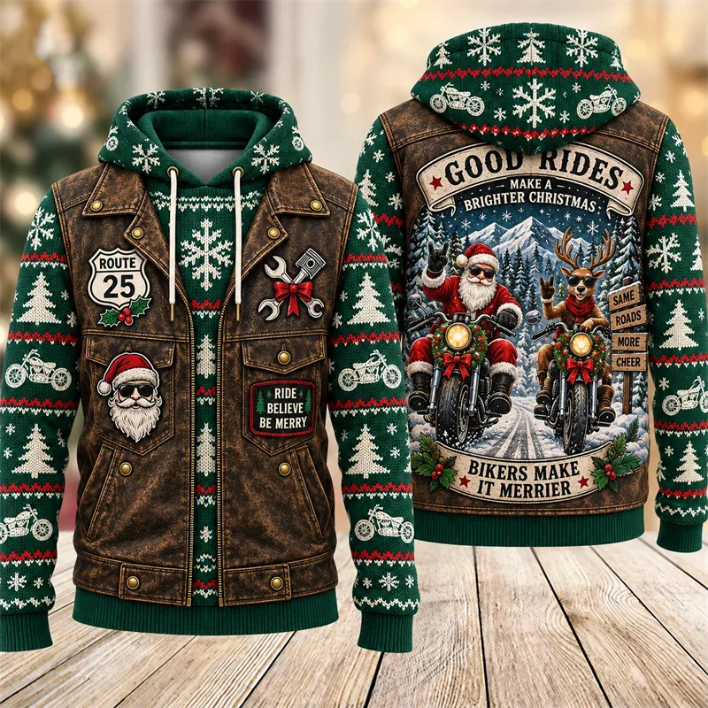 Christmas Biker Hoodie 3D Print Santa Reindeer Gingerbread Rider Faux Leather Vest Holiday Pullover Winter Streetwear Gift