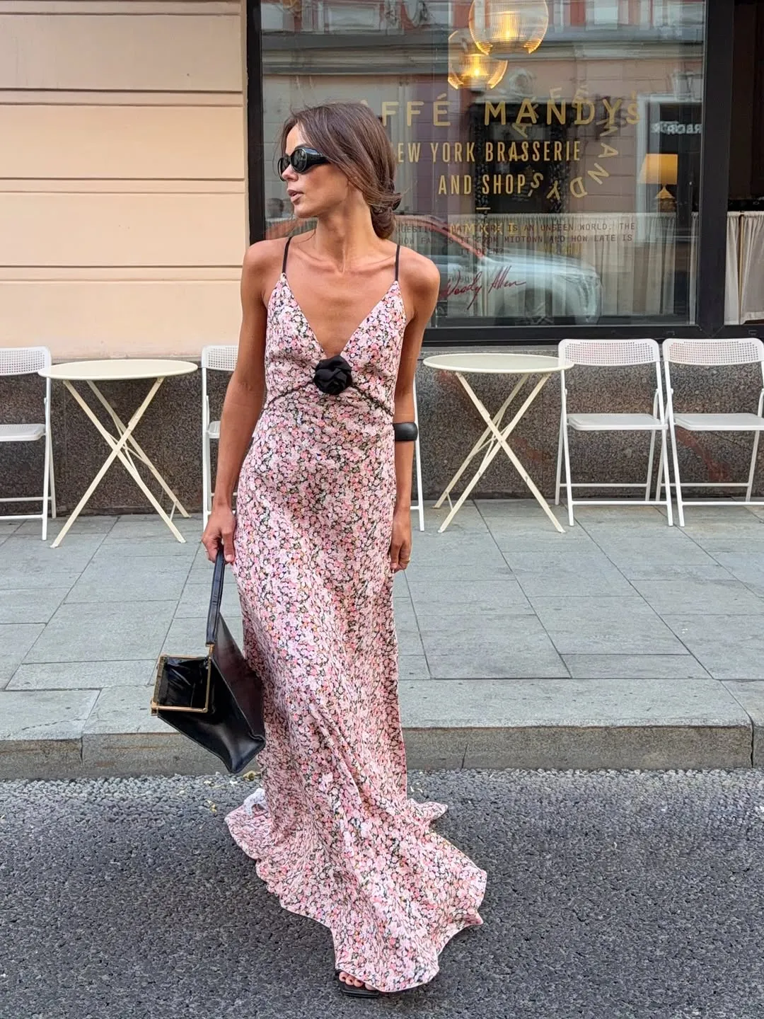 Pink Ditsy Floral Satin Maxi Dress Spaghetti Strap Deep V Neck Front Black Rose Detail Ruffle Hem Women Street Vacation Dress