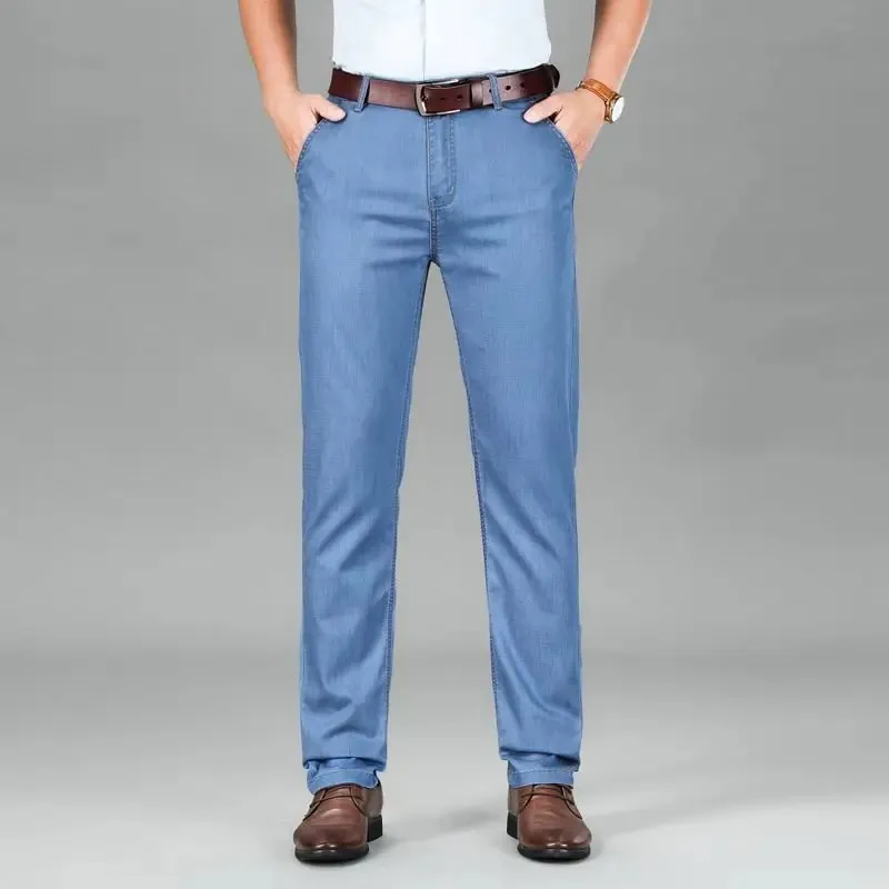 2026 New Seasons Lightweight Fit Straight Men's Jeans Classic Business Clothes Thin Cotton Elastic High Waist Casual