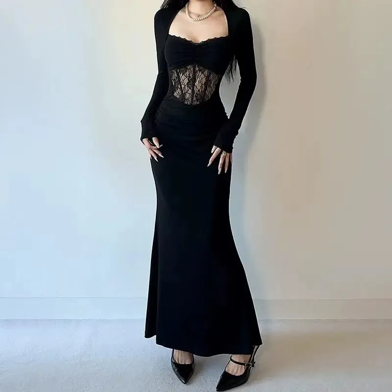 Zomer Gothic Grunge Y2k Kanten Jurk Vrouwen Donkere Academia Sexy Slanke Feestjurken Koreaanse Fashion Design Festival Lange Prom Jurk