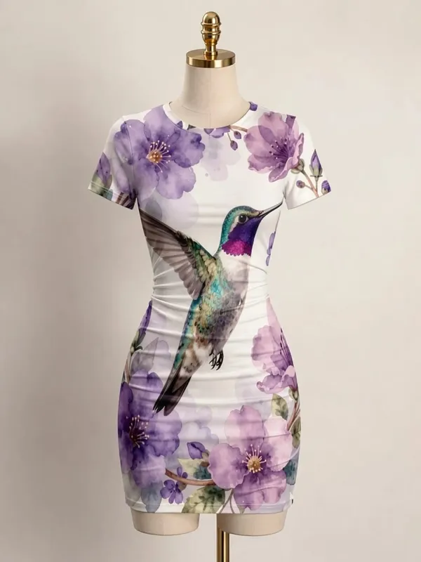 Womens Short Sleeve Bodycon Mini Dress Slim Fit Crew Neck Floral Print Casual Summer Party Cute Comfy Vacation Vacation Sundress
