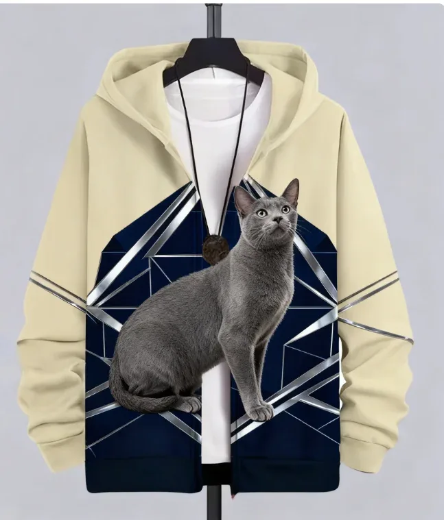 Sudadera con estampado de gato y Animal para hombre, chándal con estampado 3D de cremallera, Sudadera con capucha de manga larga a la moda, ropa Y2K