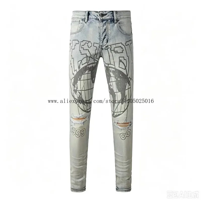 Luxury Streetwear Men's Jeans Americans Style Holes Long Trousers Quality Male Stretch Slim Pants Skinny Trousers