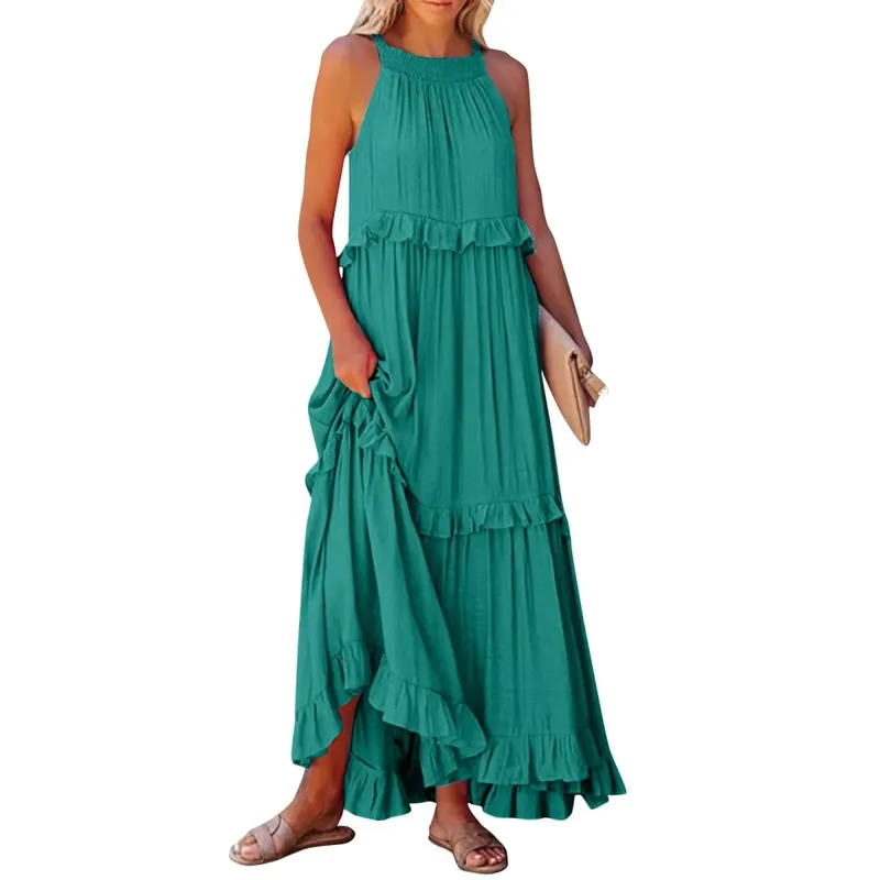 Women Casual Solid Ruffles Long Dress Summer Elegant Sleeveless Sundress Elegant Harajuku Maxi Dress Beach Party Evening Vestido