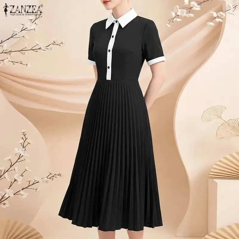 Professional OL Dress ZANZEA Women Summer Sundress Stylish Lapel Neck Short Sleeve Pleated Sundress Elegant A Line Work Dresses