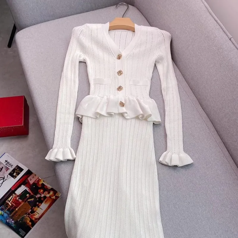 Yuoomuoo marca moda de uma peça de malha maxi vestido feminino elegante com decote em v babados cintura fina bodycon camisola vestido de festa