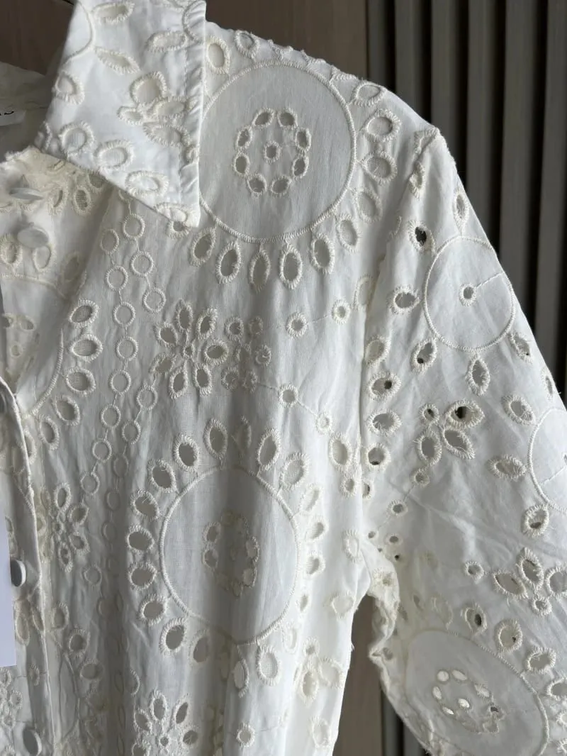 ETJ 2025 new women's elegant fashion hollow embroidery cotton shirt lapel short-sleeved dress temperament long skirt