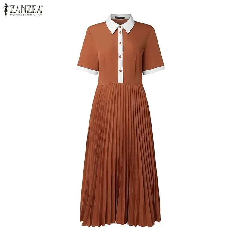 Professional OL Dress ZANZEA Women Summer Sundress Stylish Lapel Neck Short Sleeve Pleated Sundress Elegant A Line Work Dresses