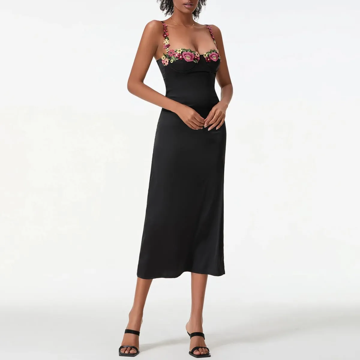 Gaun Panjang Bodycon Selempang Satin Gaun Koktail Tali Spaghetti Tanpa Lengan Bordir Bunga Wanita Gaun Ramping Klub Pesta Musim Panas